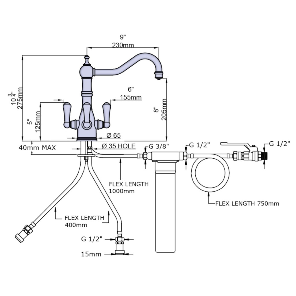 Perrin and Rowe Provence Sink Mixer with Filtration Three Lever 1475