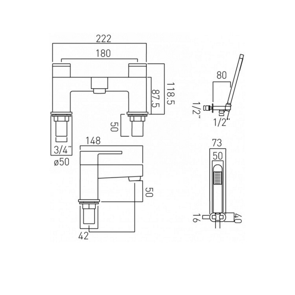 Vado Life 2 Hole Bath Shower Mixer LIF-130+K-C/P