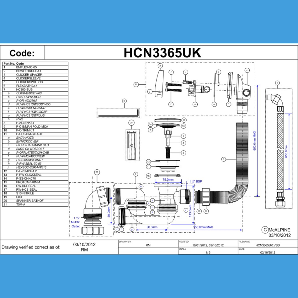McAlpine Chrome Plated Brass Bath Filler and Overflow (Clicker) Baker