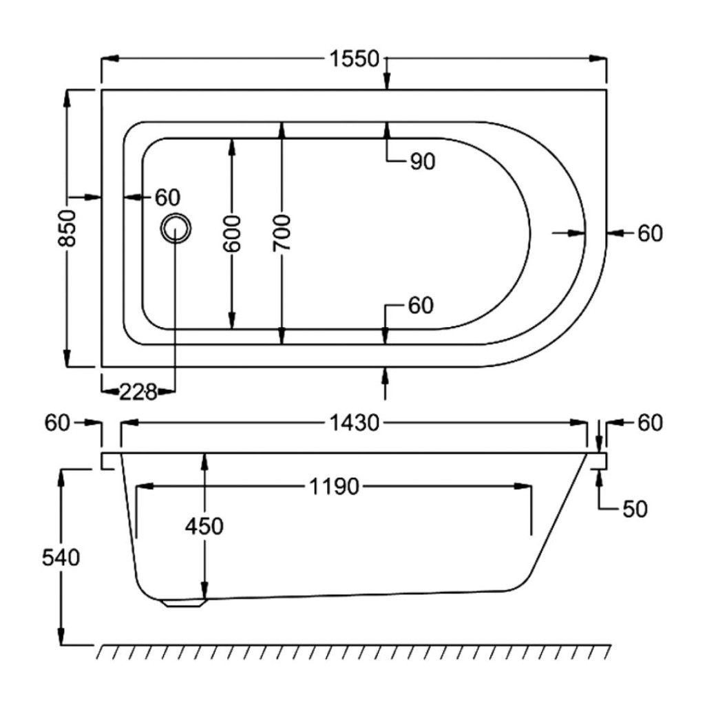 Carron Swallow Twin Grip Single Ended Bath 1800mm x 700mm