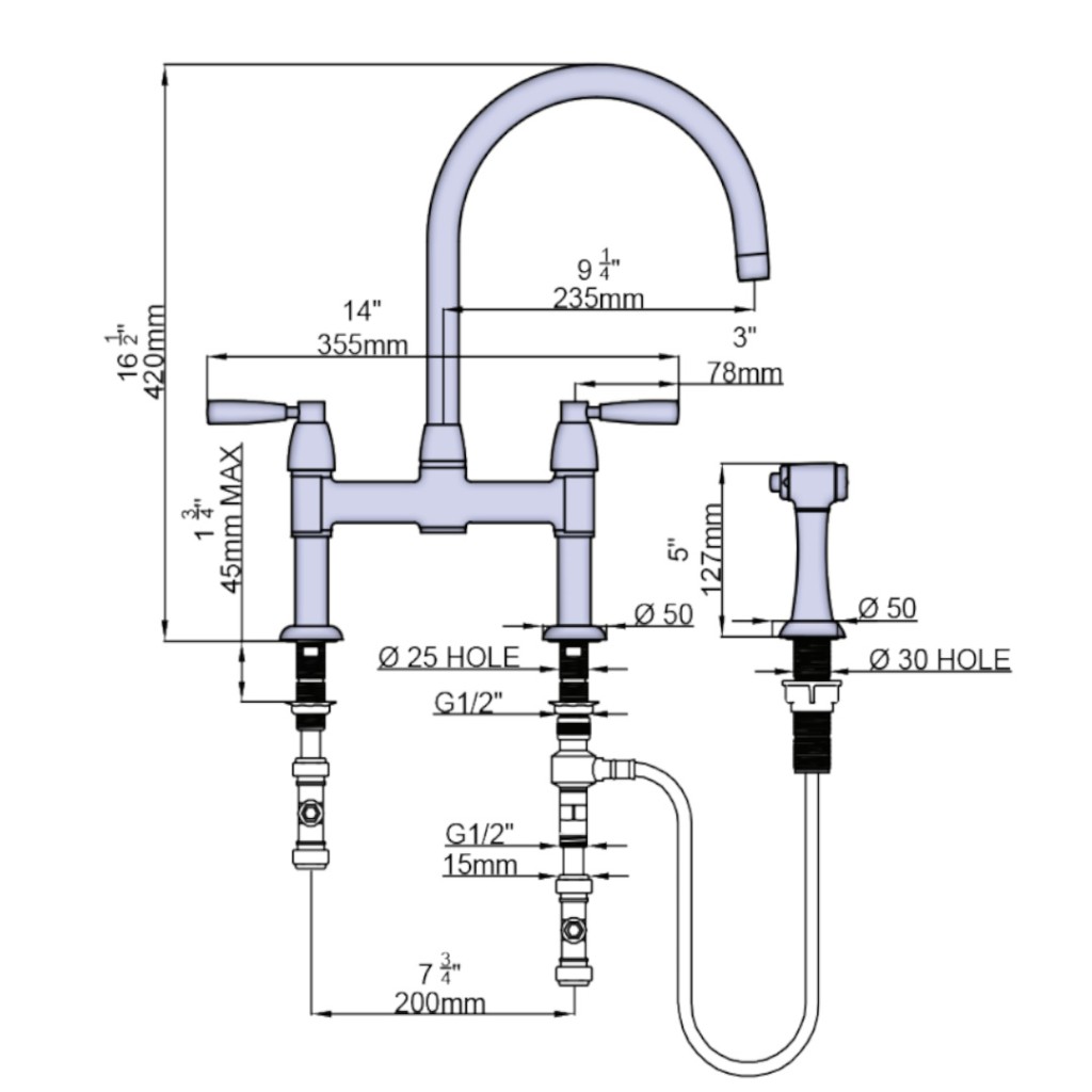 Perrin and Rowe Langbourn Sink Mixer with Lever Handles and Rinse 4273