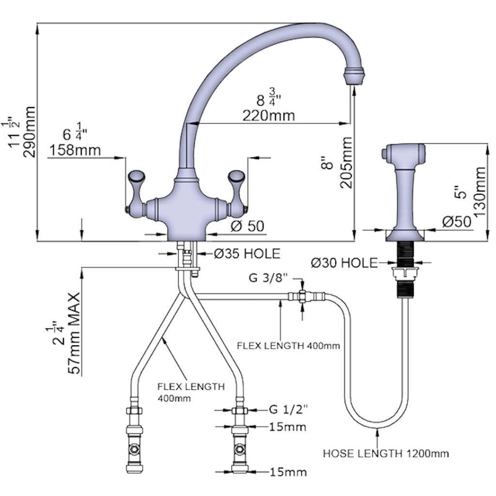 Perrin and Rowe Etruscan Sink Mixer with Rinse 4350