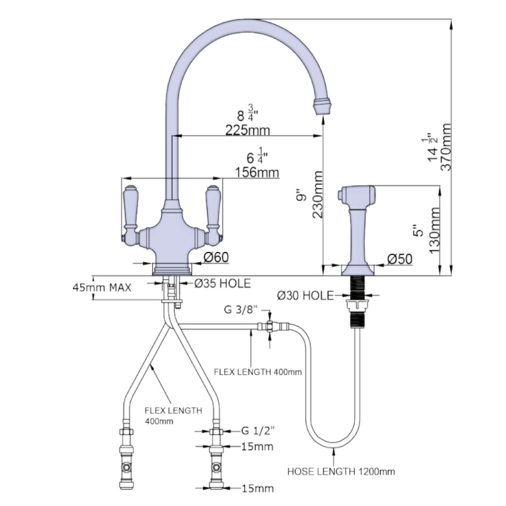 Perrin and Rowe Phoenician Twin Lever Sink Mixer with Rinse 4360